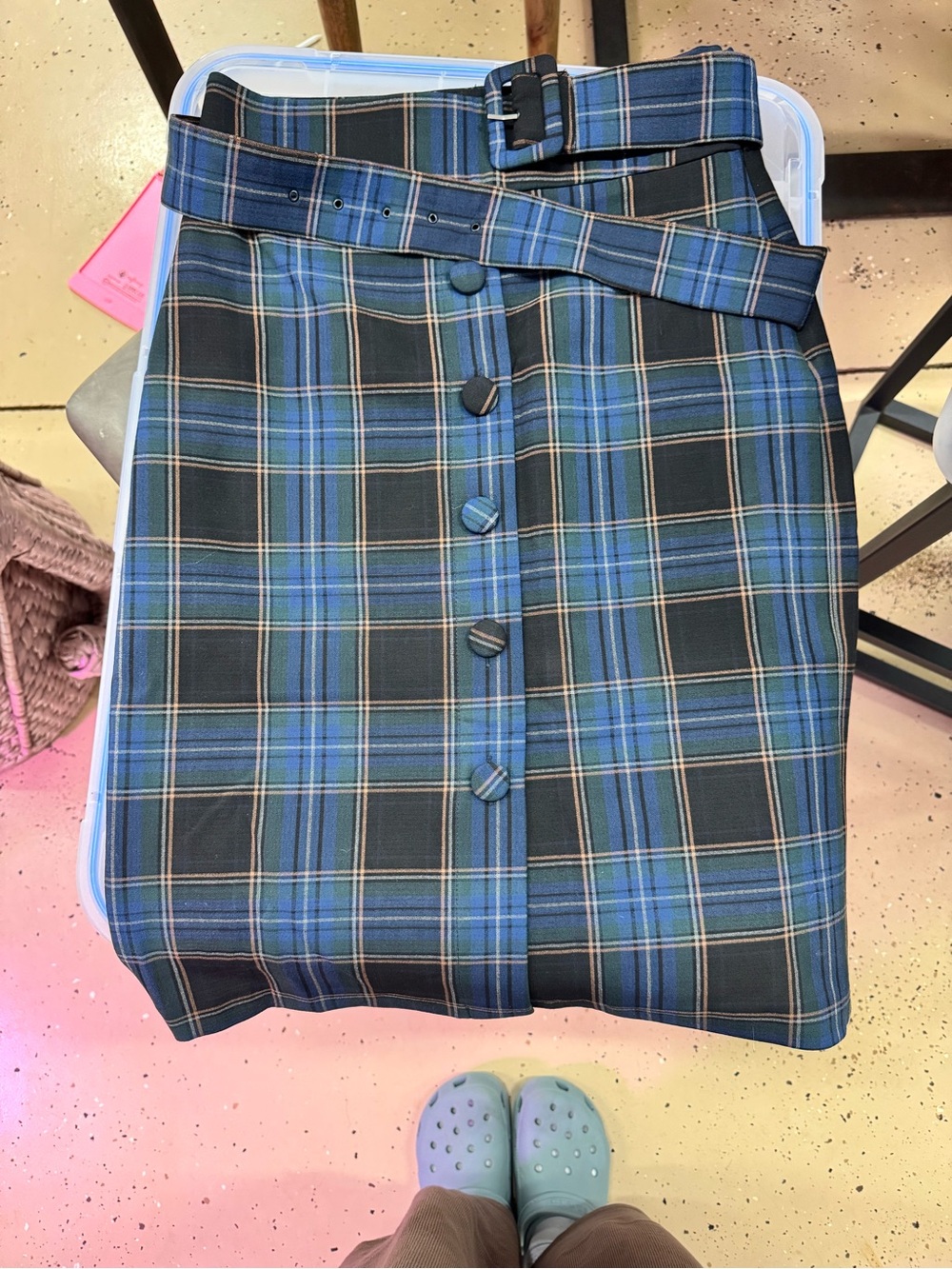 Maeve for Anthropology Blue Plaid Button-Front Women's Skirt with Belt